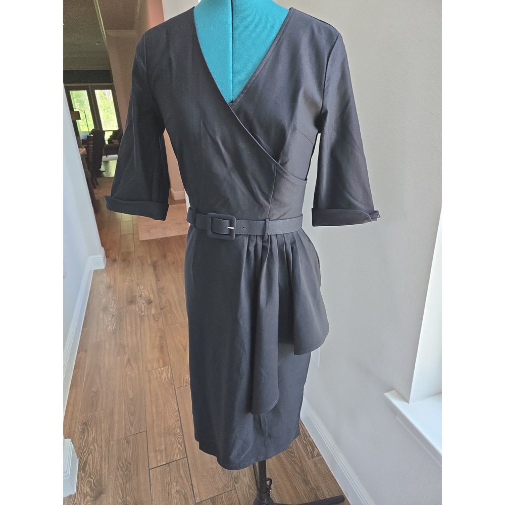 MUXXN tailored black v-neck cotton/rayon dress half peplum size Med stretchy